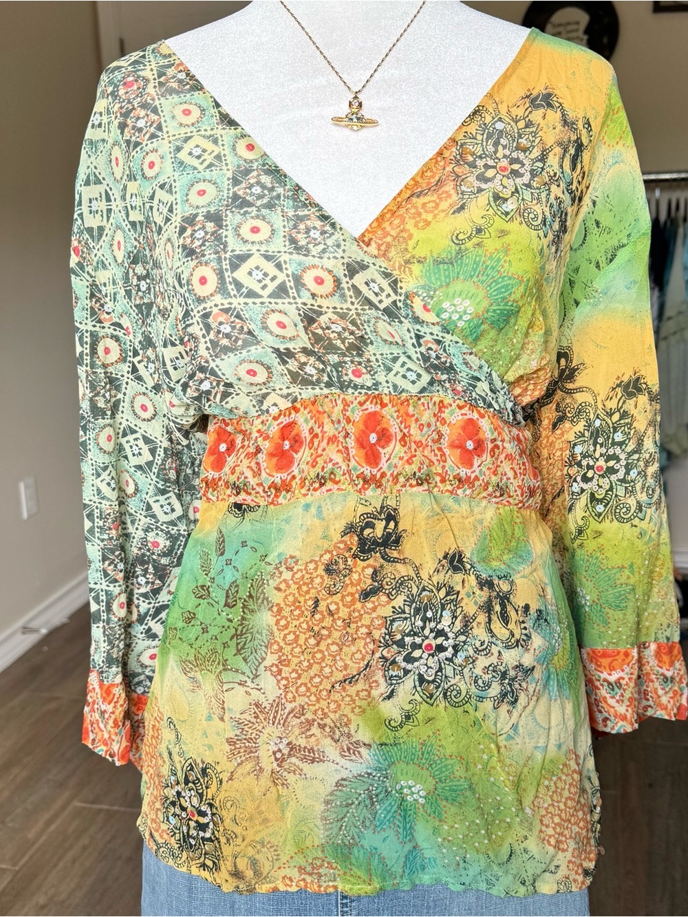 Floral Patchwork Babydoll Green Yellow Boho Maximalist Silk Women’s XL Blouse
